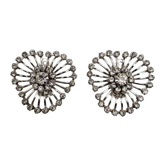 Vintage 60s Rhinestone Clip Earrings Crystal Sunburst Heart Riveted Silver Tone - Picture 9 of 9